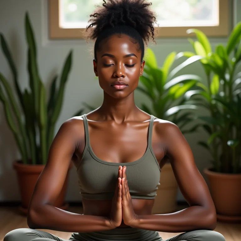 Mulher meditando em um ambiente sereno com plantas