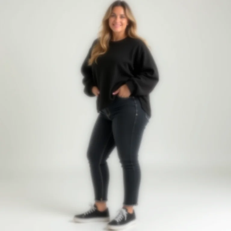 Mulher mid-size com calça jeans preta e sweater oversized.