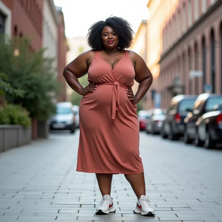 Mulher mid-size com vestido midi e tênis chunky em cenário urbano