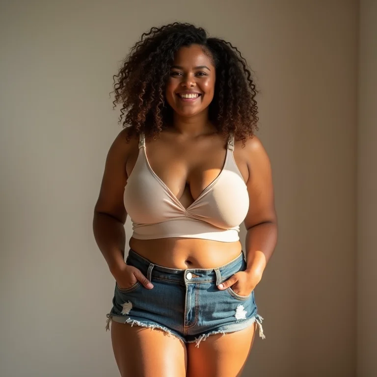 Mulher mid-size confiante usando micro shorts de cintura alta