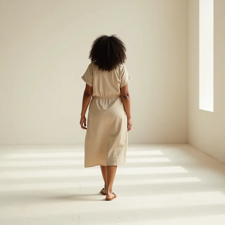 Mulher mid-size vestindo um vestido minimalista em uma galeria de arte.