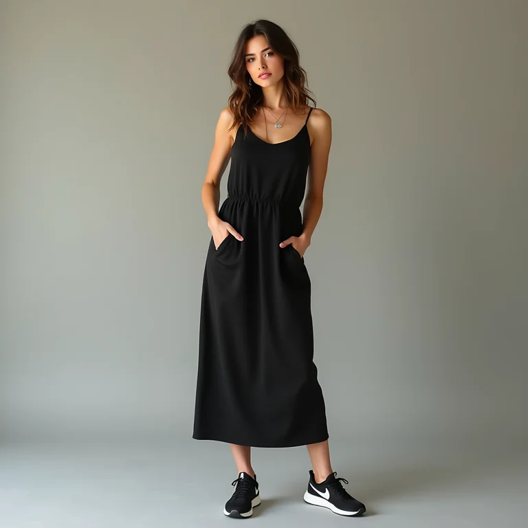 Mulher morena com vestido preto e tênis em estúdio fotográfico