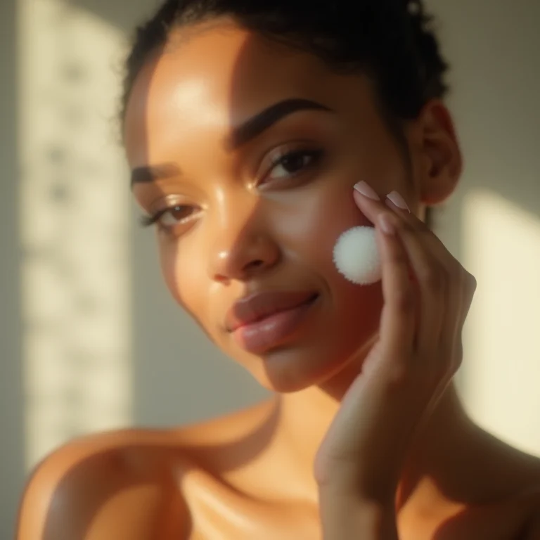 Mulher morena usando escova de limpeza facial.