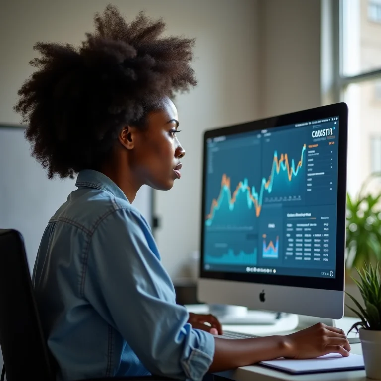 Mulher negra analisando gráficos de SEO em um computador