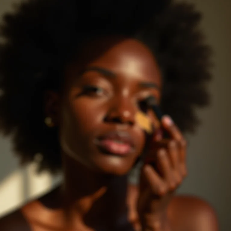 Mulher negra aplicando corretivo abaixo dos olhos