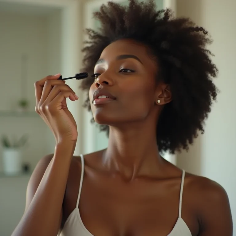 Mulher negra aplicando máscara de cílios para alongamento