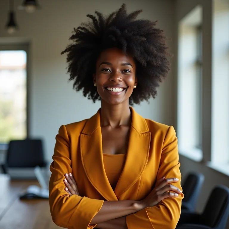 Mulher negra apresentando em sala de conferência