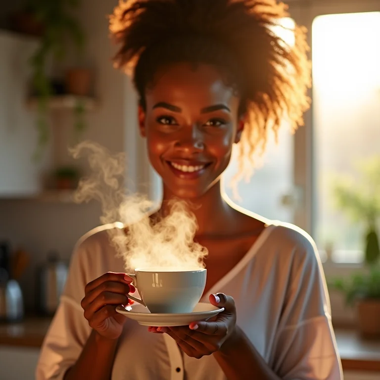 Mulher negra bebendo chá pela manhã