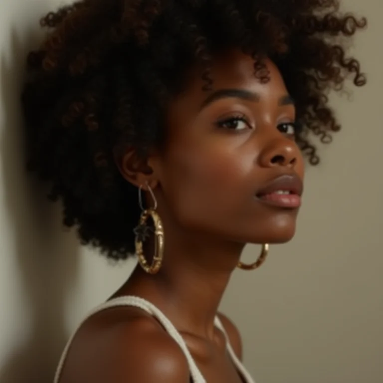 Mulher negra com brincos personalizados de fio de alumínio