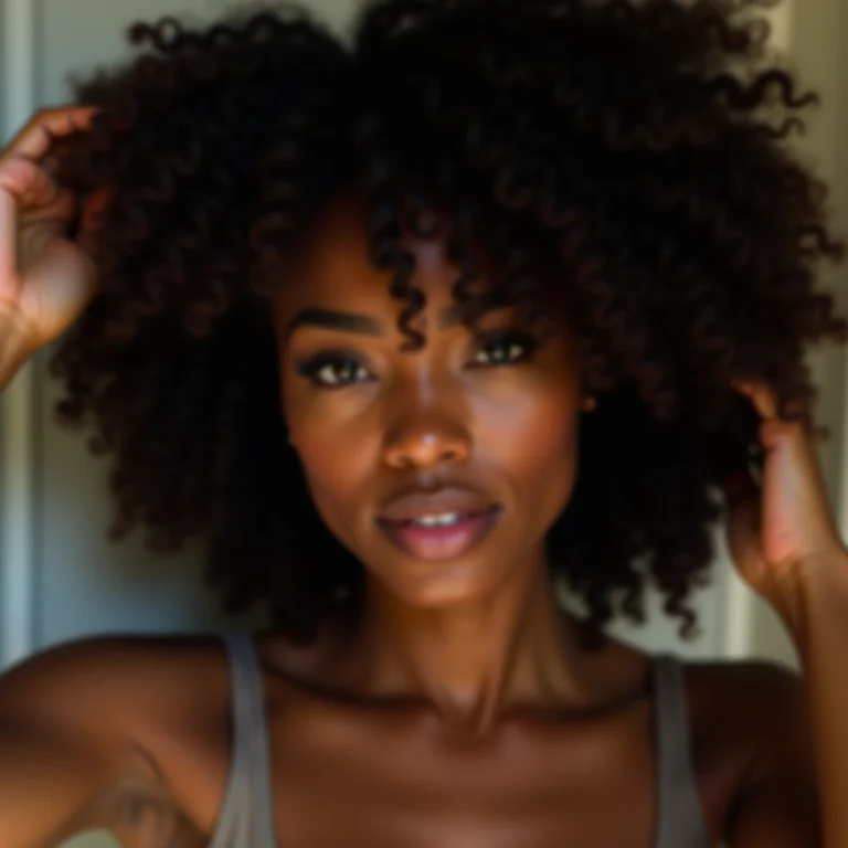 Mulher negra com cabelo cacheado cuidando da franja