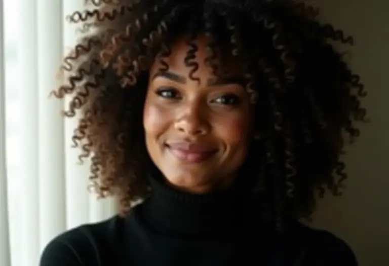 Mulher negra com cabelo cacheado e gola alta preta