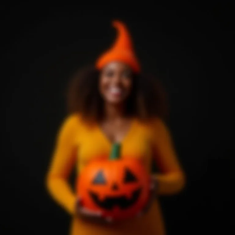 Mulher negra com cabelo cacheado fantasiada para o Halloween segurando abóbora