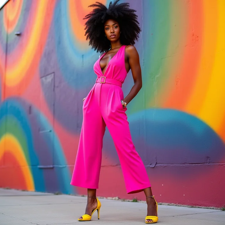 Mulher negra com cabelo natural vestindo um macacão rosa vibrante.