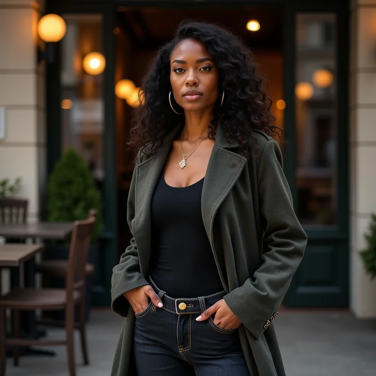 Mulher negra com calça jeans preta e trench coat estiloso.