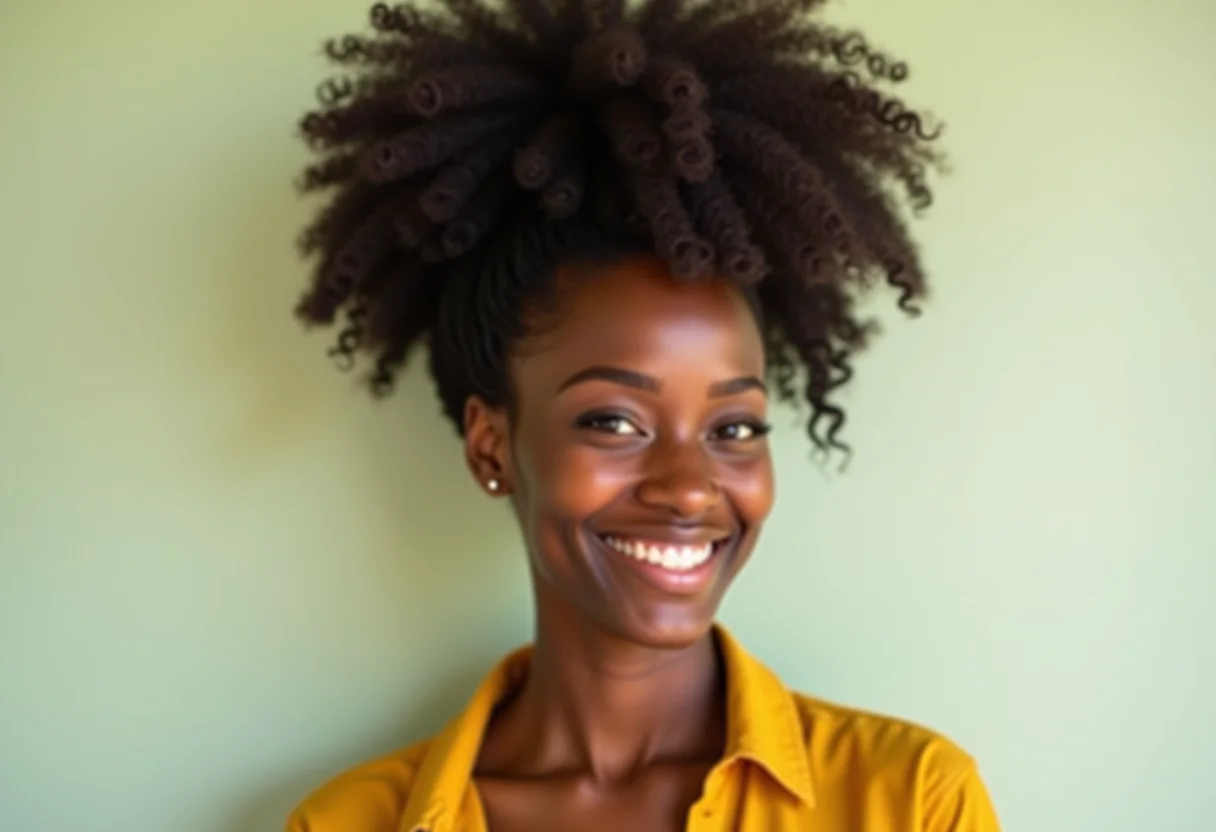 Mulher negra com coque abacaxi exuberante