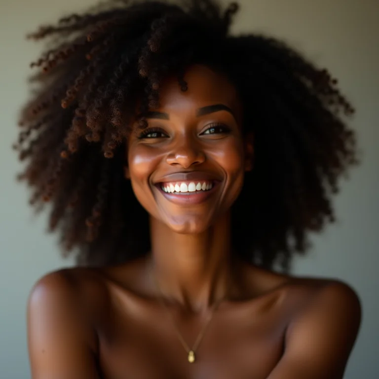 Mulher negra com franja lateral elegante e sorriso confiante