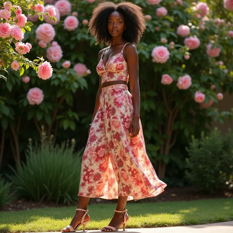 Mulher negra com saia midi floral e slingbacks em frente a jardim.