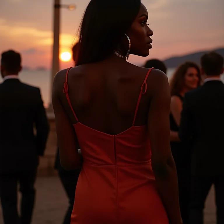 Mulher negra com slingback de salto agulha em festa.