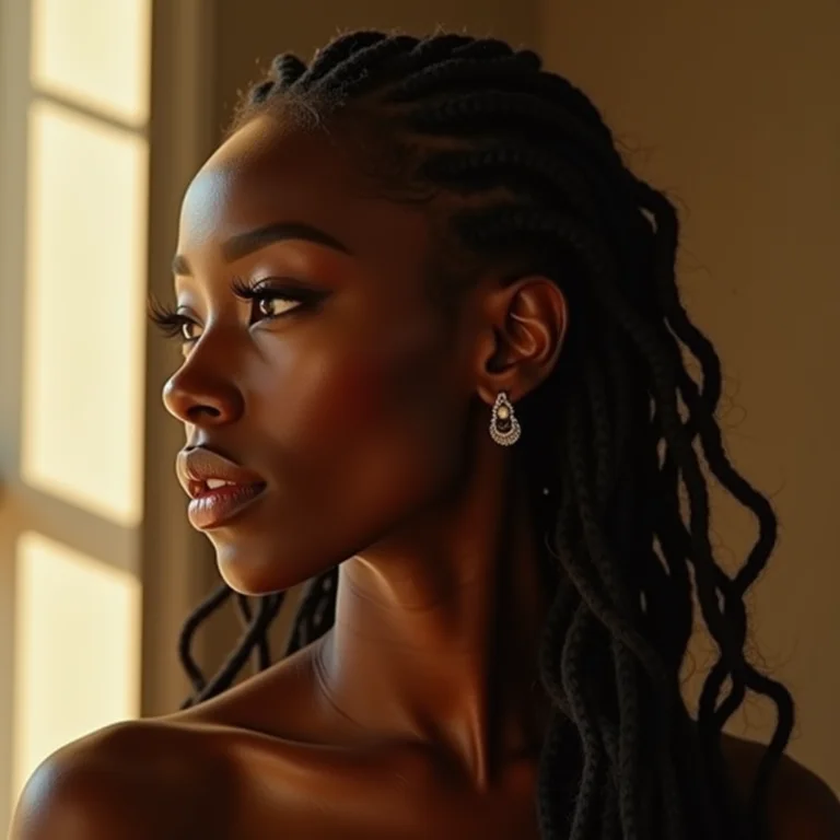 Mulher negra com trança lateral e cachos soltos