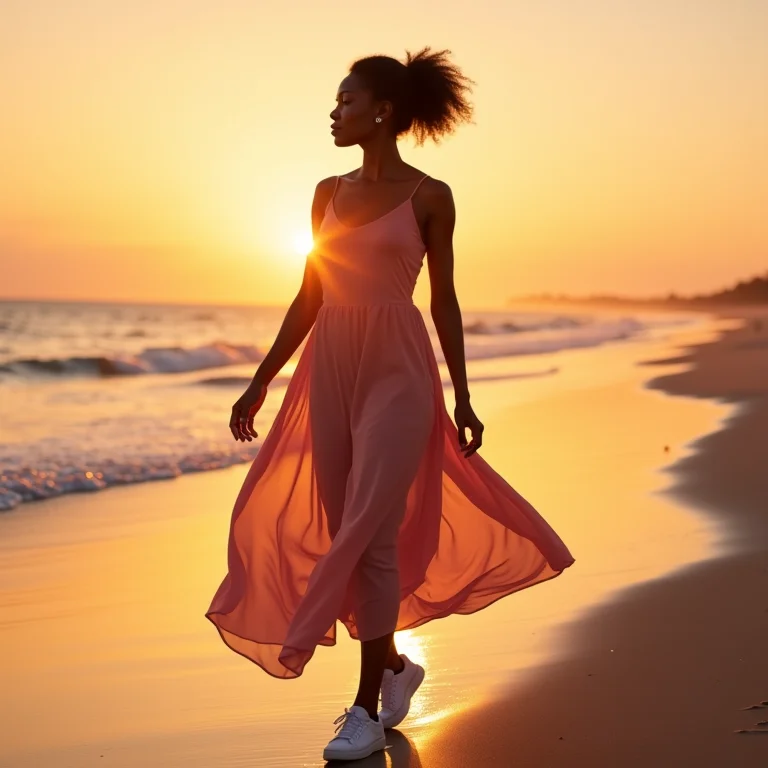 Mulher negra com vestido longo e tênis casual caminhando na praia ao pôr do sol