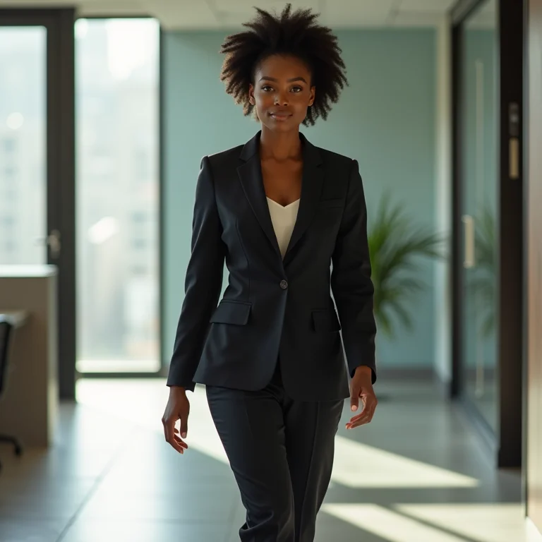 Mulher negra confiante em um escritório moderno, representando o sucesso de Leão