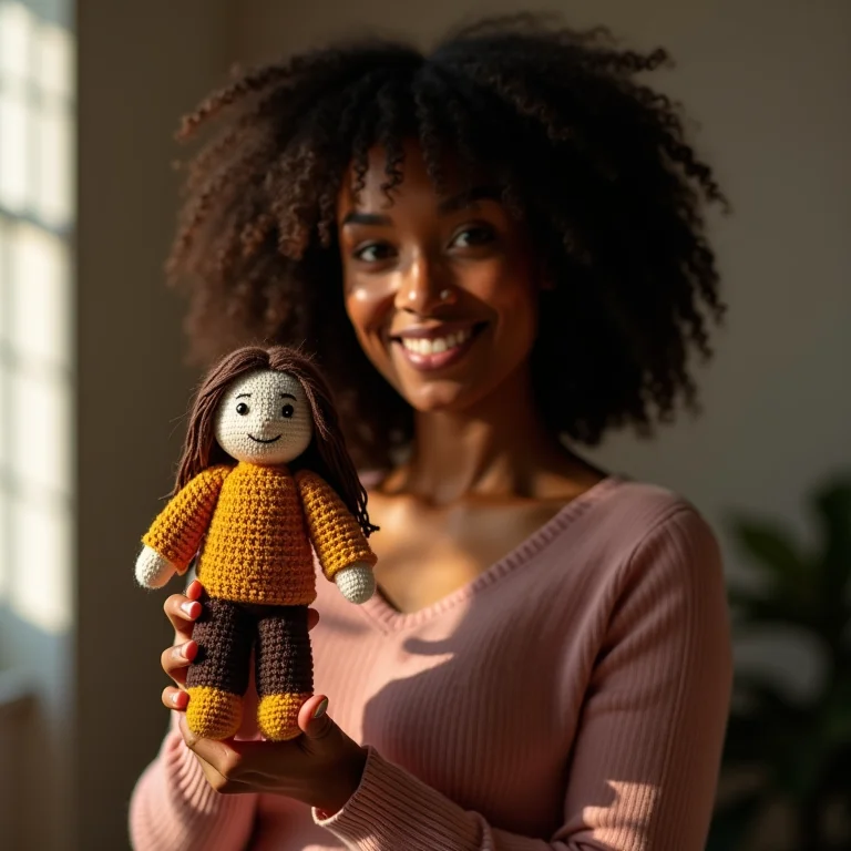 Mulher negra dando dicas de crochê segurando santinha