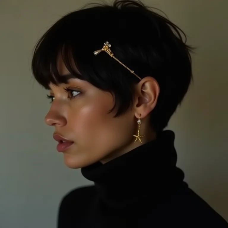 Mulher negra de cabelo curto com acessório e gola alta preta