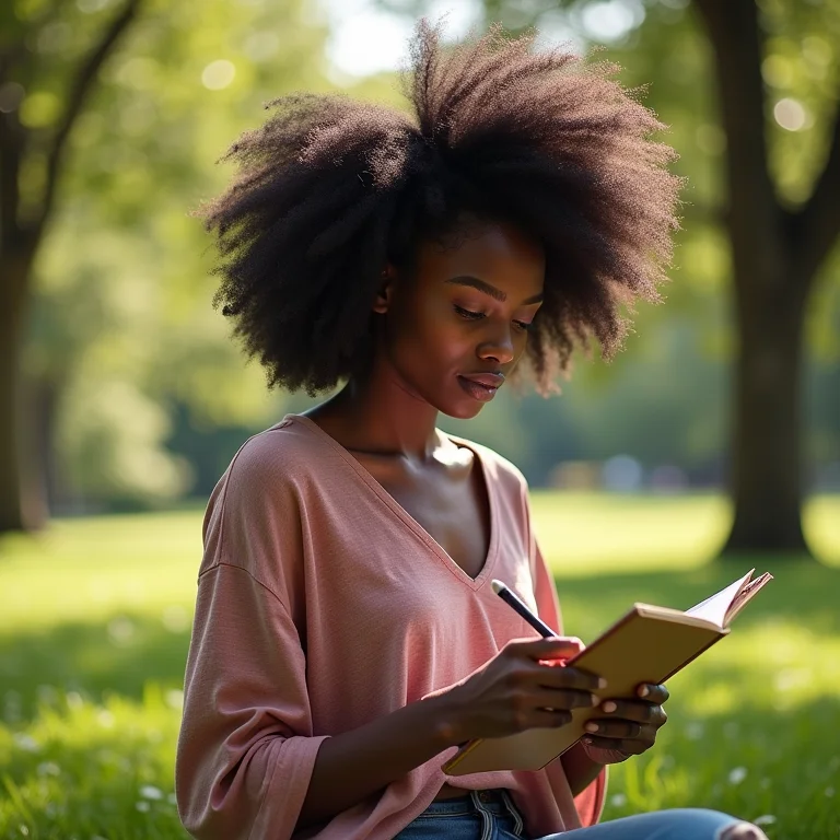 Mulher negra encontrando inspiração na natureza para seu artesanato.