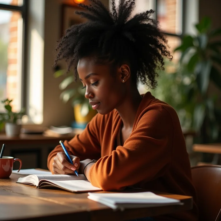 Mulher negra escrevendo em diário durante viagem solo