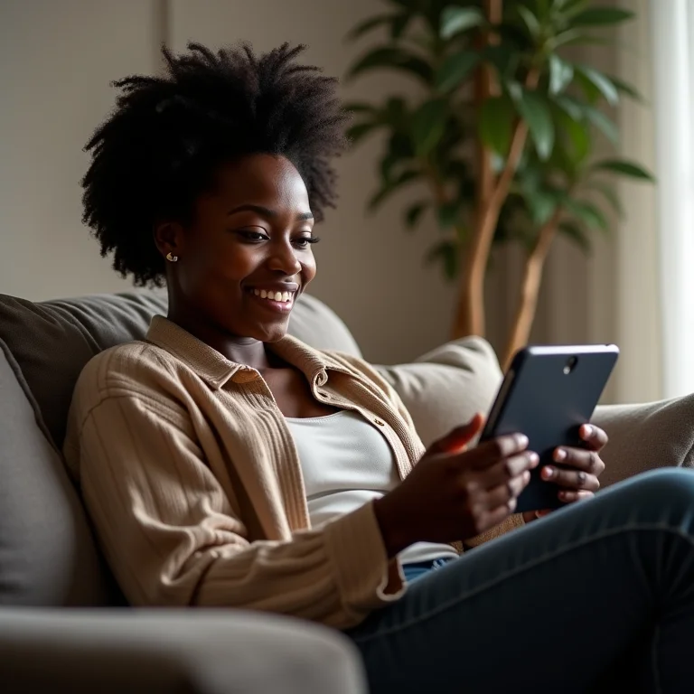 Mulher negra fazendo terapia online no conforto de sua casa