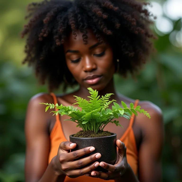 Mulher negra inspecionando folhas de kokedama com samambaias
