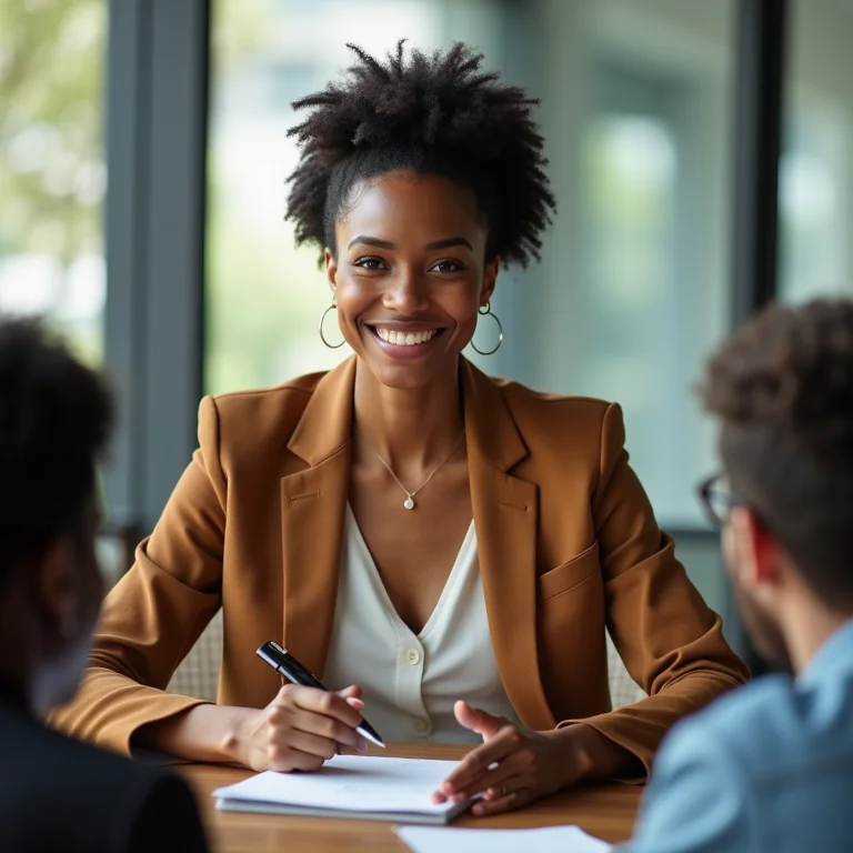 Mulher negra liderando uma reunião, expressando empoderamento e confiança.