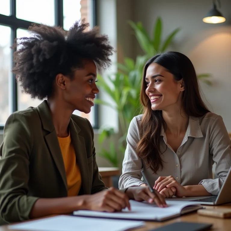 Mulher negra mentorando outra mulher, incentivando o crescimento profissional.
