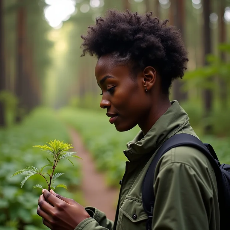 Mulher negra observando planta durante trilha