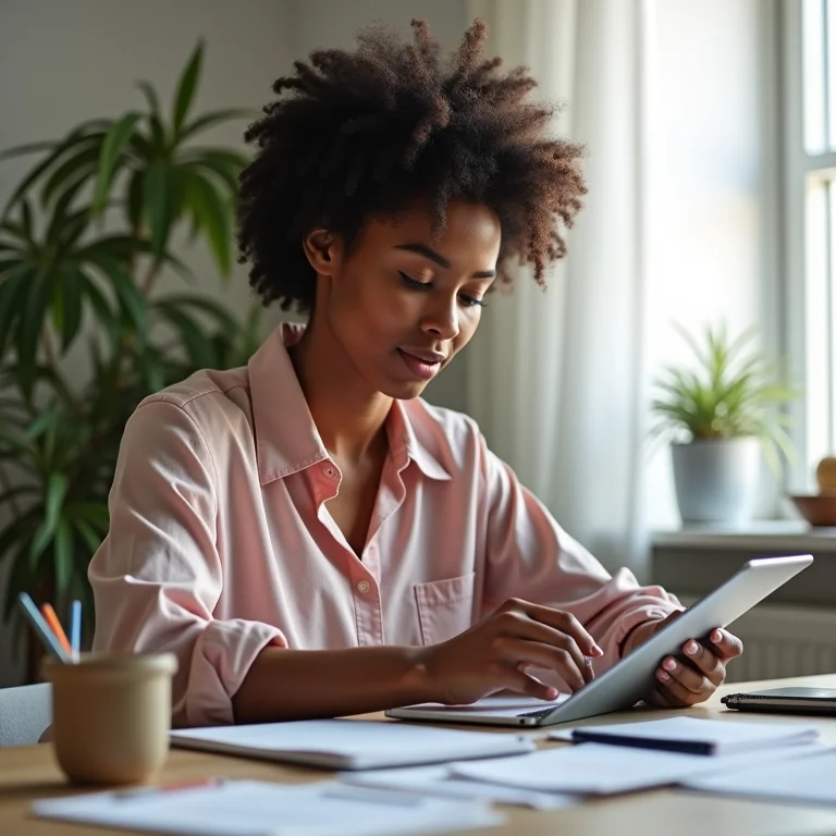 Mulher negra organizando orçamento em tablet