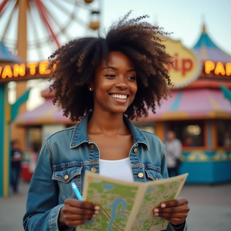 Mulher negra planejando roteiro de atrações em parque de diversões.