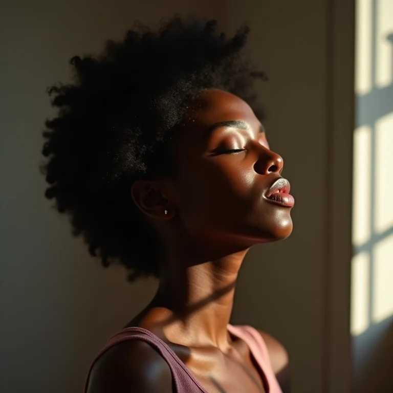 Mulher negra praticando respiração consciente com luz natural.