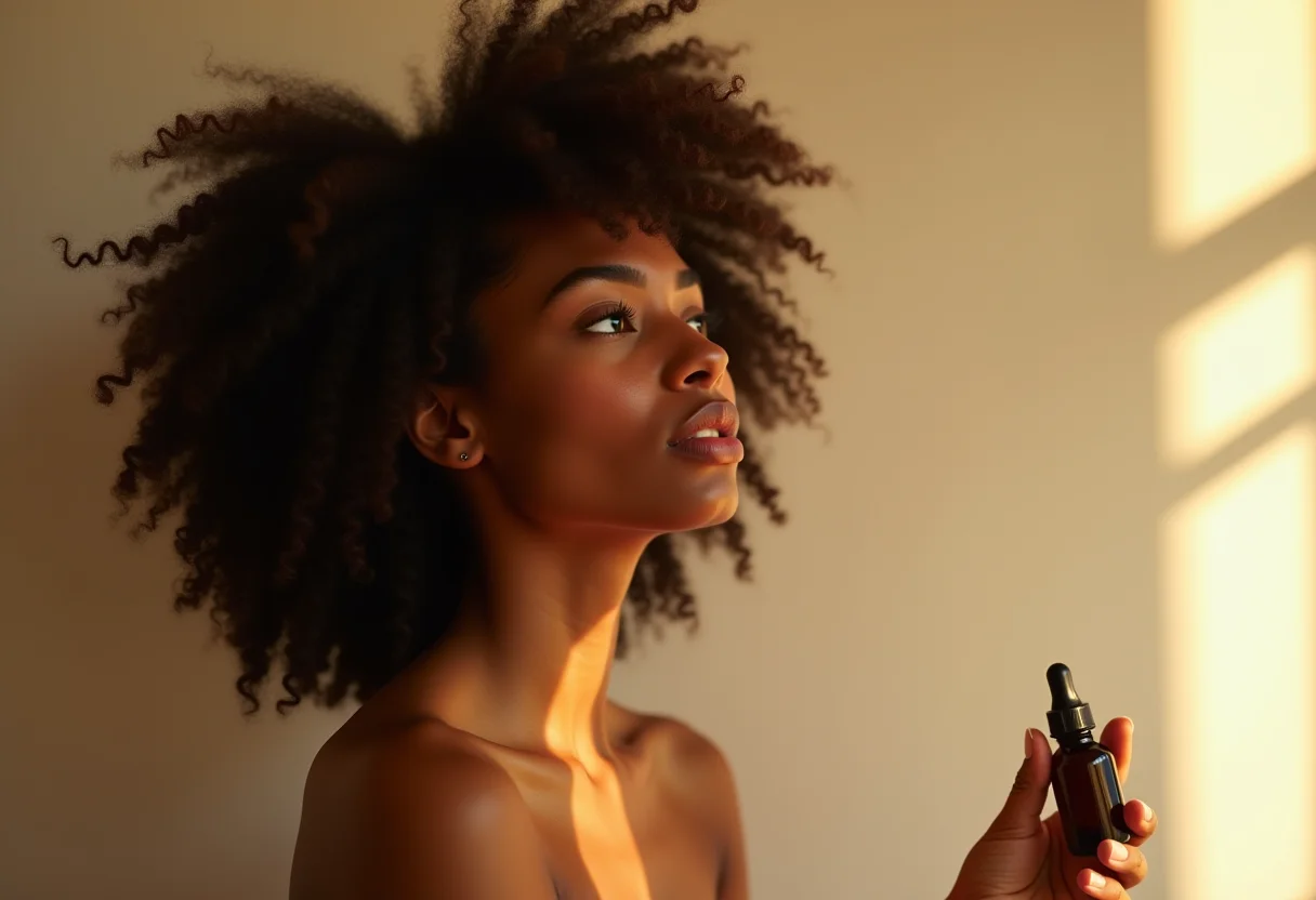 Mulher negra radiante aplicando óleo capilar para umectação