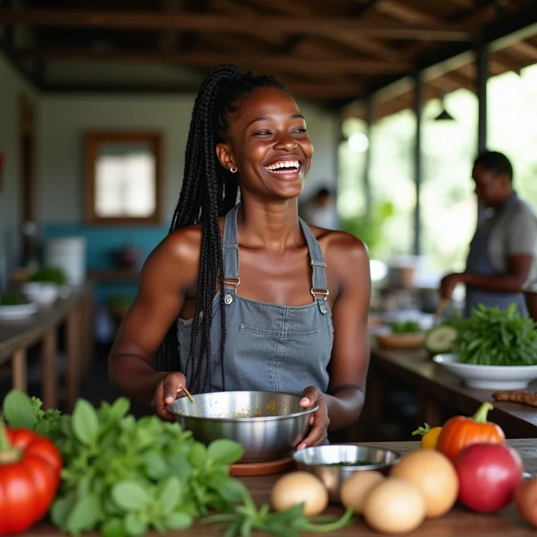 Mulher negra rindo em aula de culinária na Tailândia, experimentando novas culturas.