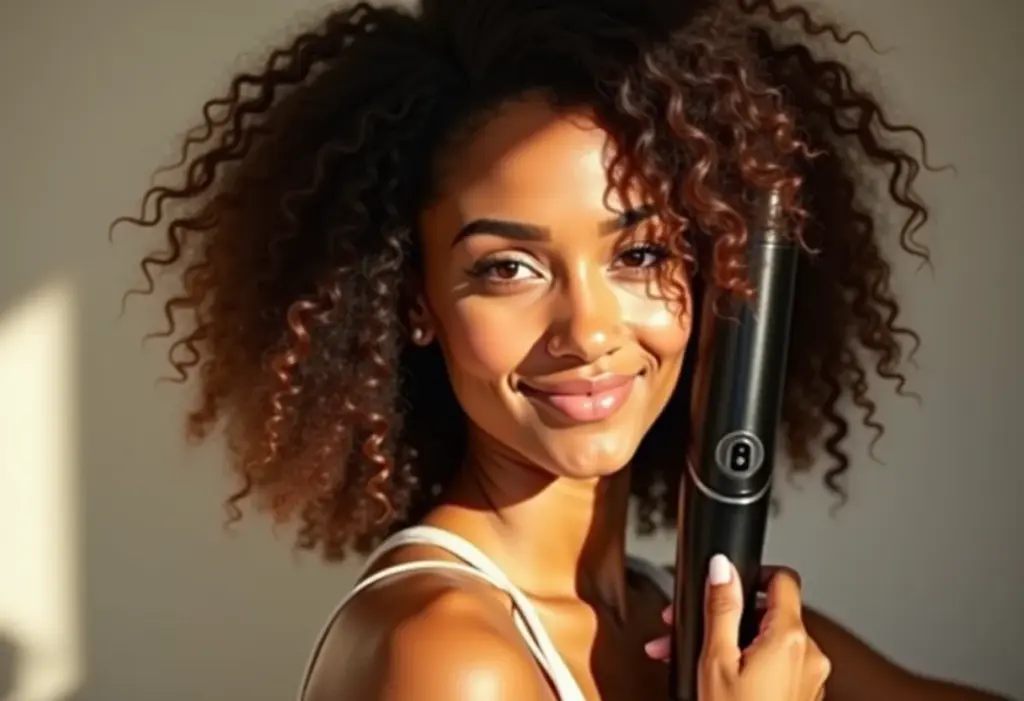 Babyliss que dura: O truque secreto dos profissionais Mulher negra sorrindo com cachos definidos e babyliss