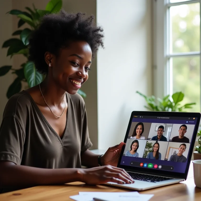 Mulher negra sorrindo durante uma videoconferência no Slack e Microsoft Teams.