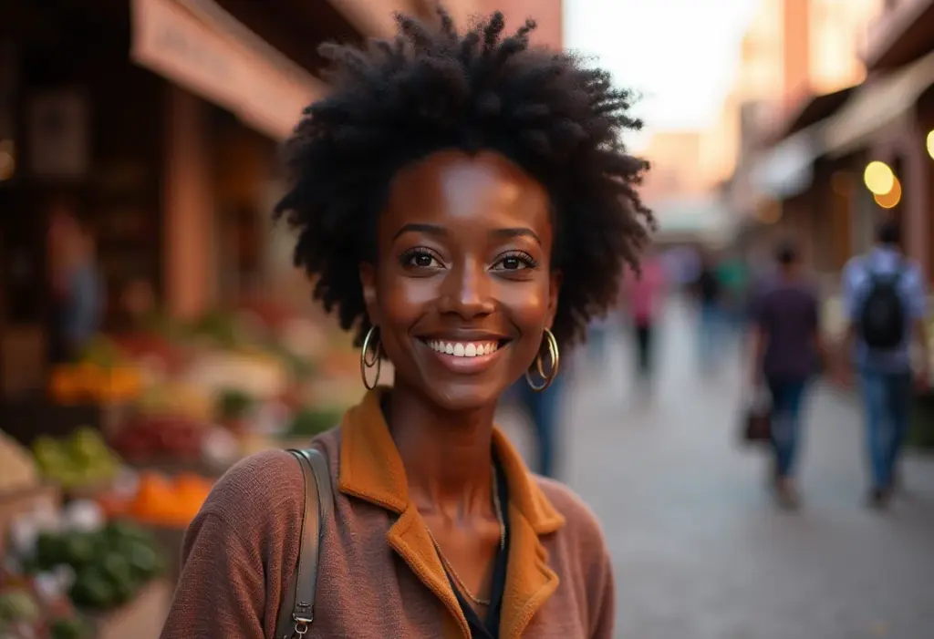 Mulher negra sorrindo em mercado vibrante no Marrocos, explorando o mundo sozinha.