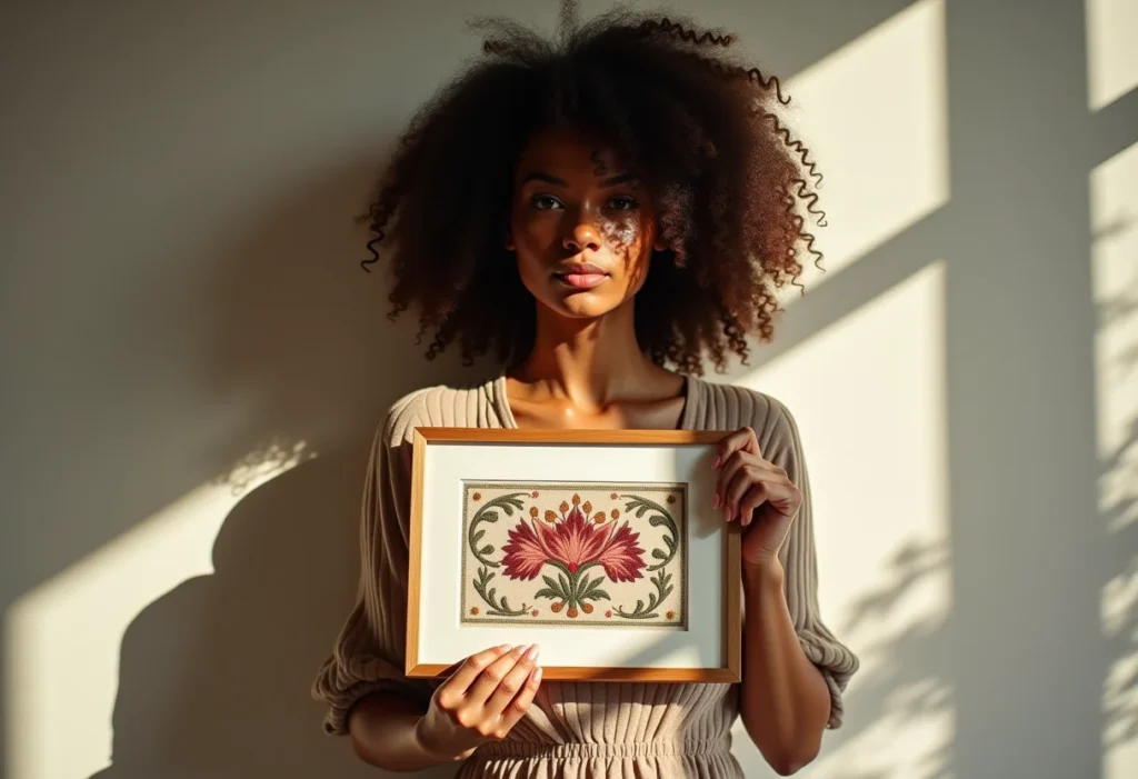 Mulher negra sorrindo exibe bordado russo detalhado