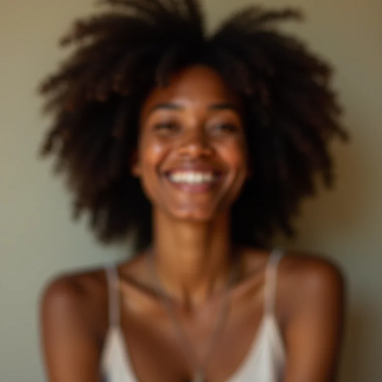 Mulher negra sorrindo, irradiando autoconfiança e amor-próprio.