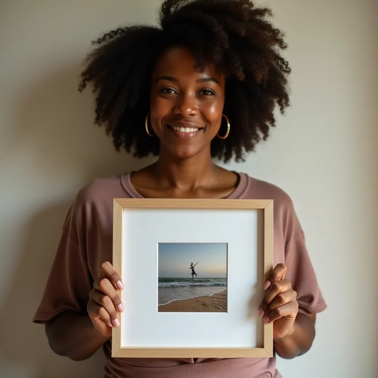 Mulher negra sorrindo segurando um quadro com fotos