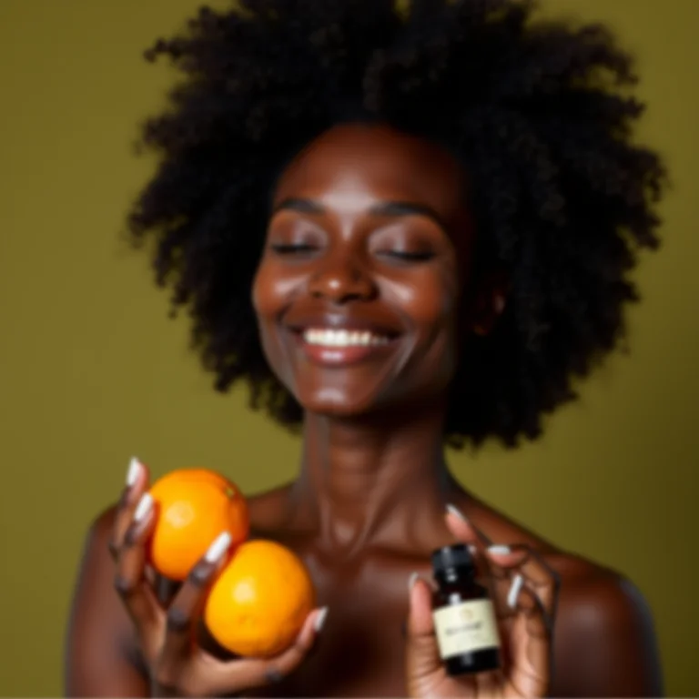 Mulher negra sorrindo segurando uma bergamota e óleo essencial