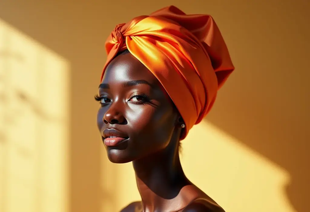 Mulher negra sorrindo usando um turbante de seda colorido