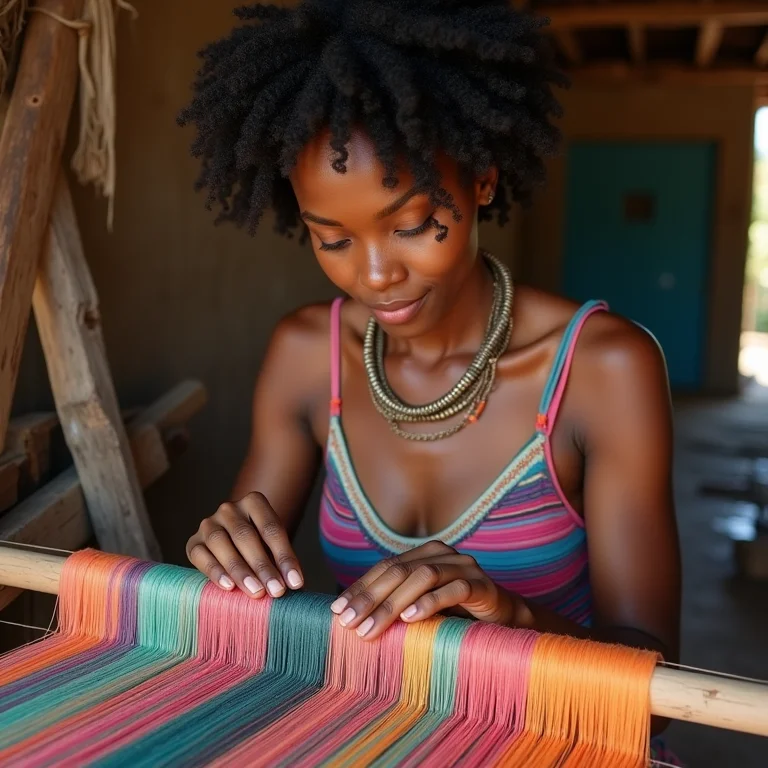 Mulher negra tecendo fios coloridos em um tear tradicional.