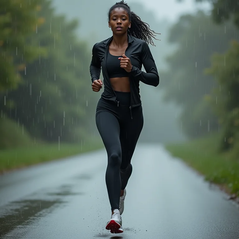 Mulher negra usando tênis impermeáveis correndo na chuva