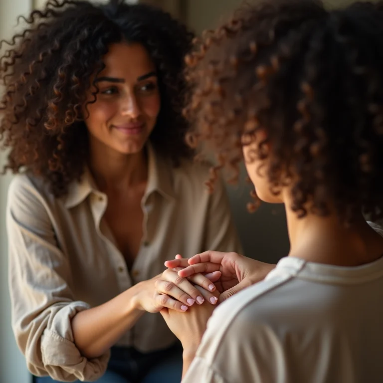 Mulher oferecendo apoio e empatia segurando a mão de outra
